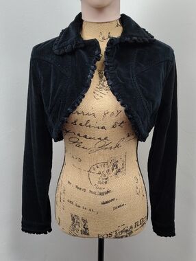 American Flirt Black Velvet Ruffle Cropped Bolero Jacket W Eyes Bottoms Medium